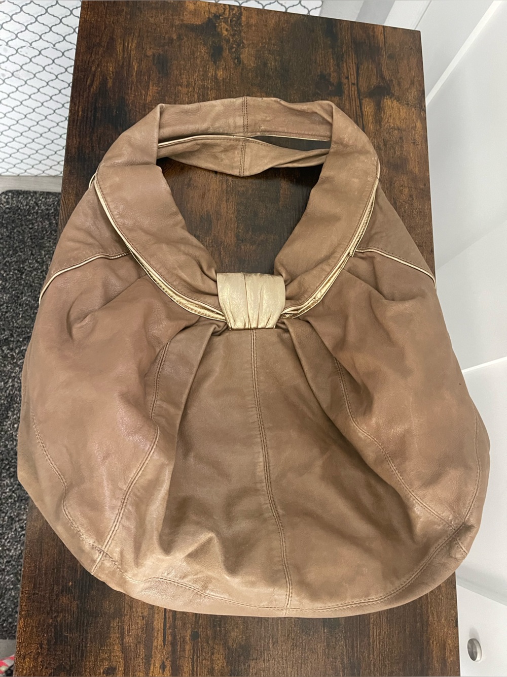 Kooba Taupe Leather Shoulder Hobo with Gold Accent